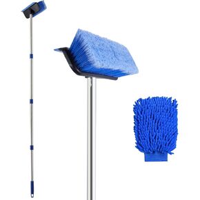 60" Car Wash Brush with Long Handle, Car Wash Mitt Included, 2 in 1 Soft Bristle and Rubber Squeegee Washing Kit for Cleaning RV, Truck, Boat, Solar Panel, Deck