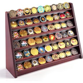 Challenge Coin Display Stand - 6 Row Military Coins Holder Rack Case Holds 54 Coins with Wall or Desk Display, Gifts for Coin Collectors (Brown)