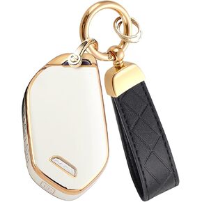 Montague Key Fob Cover for KIA with Leather Keychain, Premium TPU Key Case Shell for Kia Telluride, Sorento, K5 GT-Line Remote Smart Key Fob Protector (5 Buttons, Black-Gold)