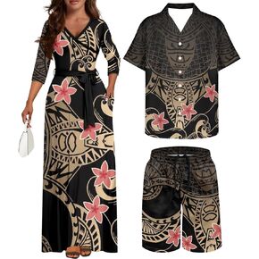 Samoa Couple Outfit Polynesian Dress for Women Traditional Puletasi Shirts for Men Tribal Shorts Trunks