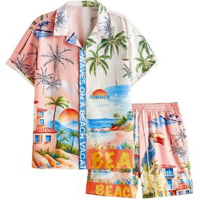 Men's Big and Tall Hawaiian Outfits 2 Piece Shorts Set Tropical Button Down Shirt and Drawstring Shorts Beachwear
