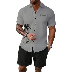 GORGLITTER Men's Hawaiian Vacation Outfits Tropical Short Sleeve Button Down Shirt Shorts summer Set