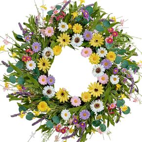 Spring Wreath 22 Inch Artificial Summer Wreath with Yellow Daisy Flowers Green Eucalyptus Leaves Lavender Spring Wreaths for Front Door Home Farmhouse Porch Wall Easter Festival