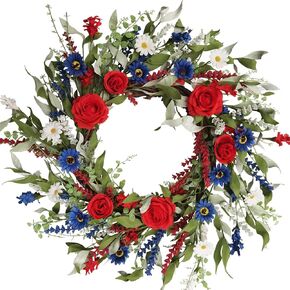 20 Inch Patriotic Wreath for Front Door Artificial Spring/Summer Floral Wreath Red White Blue Roses Daisies Independence Day Memorial Day for Indoor Outdoor Home Wall Holiday Decor