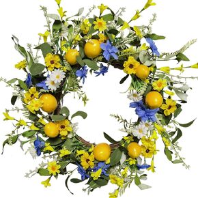 18" Lemon Wreath Spring and Summer Wreath for Front Door,Year Round Artificial Lemon Wreath with Colorful Flowers and Leaves, Home Farmhouse Porch Door Wall Wedding Festival Decor