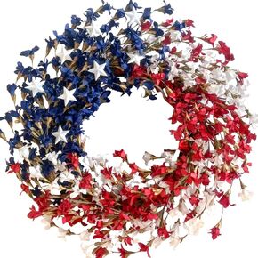 TEMPUS 20-inch Patriotic Wreath Independence Day Red, White and Blue Spring Flower Wreath with Pentagram for Front Door, Memorial Day Flag Day Veterans Day