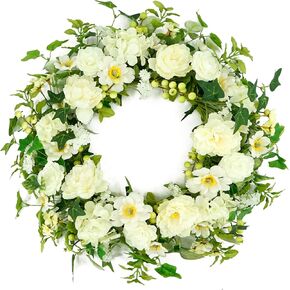 Artificial Spring Wreaths for Front Door 22 inch Peony Wreath Summer Wreath with Peony Flower,Hydrangeas, Daisy for Front Door Indoor Outdoor Wedding Home Wall Window Festival Decoration