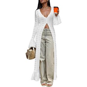 unybwonn cardigans Long for Women Crochet Hollow Out Sweater Cover Up Maxi Dress Button Long Longe Button أسفل كارديجان