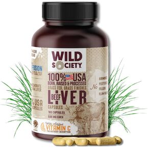 WILD SOCIETY - USA Grass Fed Beef Liver Capsules - 3000mg Max Strength for Energy, Stamina, Natural Detox, Hair & Nail - Non GMO, Allergen Free, Beef Liver Supplement - 180 Desiccated Capsules
