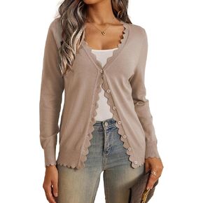 VERABENDI Womens Cardigans Lightweight Long Sleeve V Neck Button Down Cute Scalloped Edges Cardigan Sweaters for Women