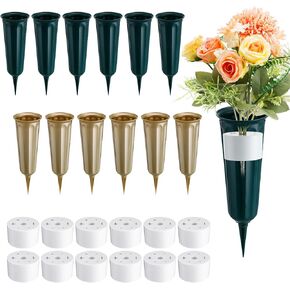 12 Set Cemetery Vases for Grave Memorial Plastic Flower Vases with Spikes and Grave Floral Holder for Cemetery Grave Lawn Memorial Decorations(Black, White)