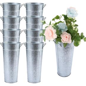 8 PCS 12 بوصة مزهرية معدنية مجلفنة مع مقابض - دلو الصفيح للشريط والديكور المنزلي ، محور الزفاف ، زينة الطاولة - إناء طويل القابل للكسر للزهور الطازجة