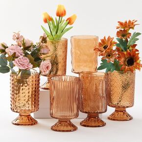 6 Pcs Embossed Flower Vase Pedestal Glass Vases for Flowers Big Base Bottle (h: 7" W: 4") Crystal Vintage Thickened Container Bulk for Wedding Decoration Table Centerpiece Home Decor(Clear)