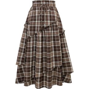 IDEALSANXUN Womens Long Plaid Skirts High Waisted A Line Renaissance Maxi Skirt with Pockets