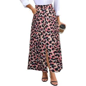 POPZONE Women's Maxi Skirts Elastic High Waist A-Line Skirts Front Split Skirts for Women with Pocket
