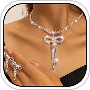 Jeairts jeirts bow bow jewelry مجموعة قلادة القوس البراقة والأقراط مجموعات المجوهرات كرستال بروميد للنساء in Kuwait