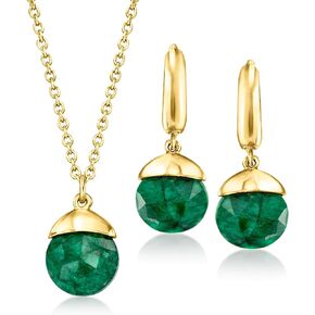 Ross-Simons 8.25 CT. T.W. مجموعة المجوهرات الزمردية: أقراط إسقاط وقلادة بالذهب 18kt على الجنيه الاسترليني. 18 بوصة