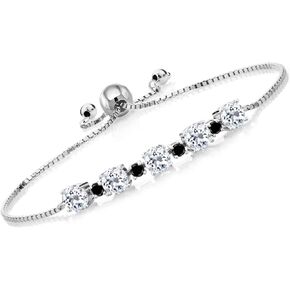 GEM Stone King 925 Sterling Silver Gemstone Birthstone و Black Diamond Tennis Pracelet for Women | جولة 5mm و 2.5mm | تصميم بولو قابل للتعديل | سهلة التشغيل | قابل للتعديل بالكامل حتى 9 بوصات