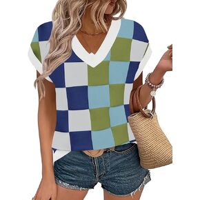 LOMON Womens Summer Cap Sleeve Sweater Vest Casual V Neck Knit Short Sleeve Plaid Pullover Sweaters Loose Fit Work Tops