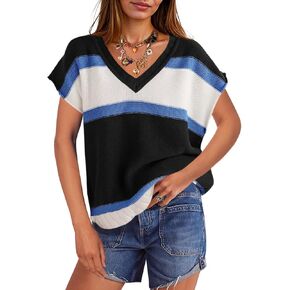 Saodimallsu Womens Cap Sleeve Sweater Vest Top Summer Color Block Loose Knit Going Out Shirts