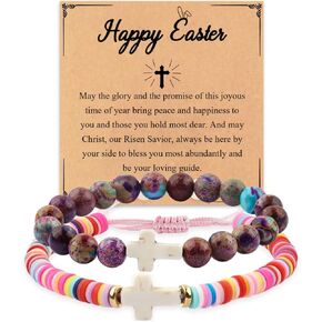 GVUSMIL Cross Bracelet Baptism Gifts Easter Basket Stuffers First Communion Adjustable Clay and Stone Christ Holy Water Bracelet Faith Jewelry for Daughter Granddaughter Niece