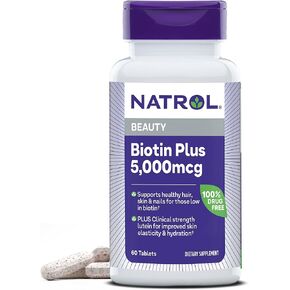 Natrol Beauty Biotin Plus Lutein 5,000 mcg, Dietary Supplement to Support Healthy Hair, Skin and Nails, 60 Beauty Tablets for Adults, 60 Day Supply