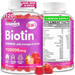 Biotin Gummies for Women and Men ، 8 في 1 صيغة عضوية ، Max Strength Biotin و Collagen Gummies مع الكيراتين ، حمض الفوليك والفيتامينات ، لنمو الشعر ، مكملات الجلد والأظافر ، خالية من السكر ، 120 العد
