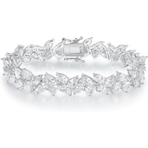 MDFUN 14K White Gold Plated Leaf Tennis Bracelet with Teardrop Cut Cubic Zirconias Waterdrop CZ for Women Men, 6.5-7.5 inches