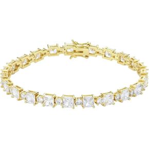 Shiny Moissanite Tennis Bracelet in 14K Gold, Round and Square Cut White Stones, Elegant Jewelry for Women, Mother's Day Gift (Yellow, 7Inch)