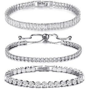 3Pcs Silver Tennis Bracelet Set Cubic Zirconia Adjustable Bracelet Silver Bracelets For Women Wedding Jewelry Gift