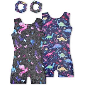 Gymnastics Leotards for Girls 2 Pack Sparkly Kids Biketards Dance Unitards Matching Hair Scrunchies