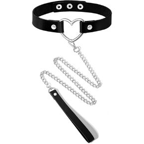2PCS Black Choker Necklace for Women Leather Chokers Collar and Leash Set Goth Sexy Chokers for Women Heart Chain Choker Necklaces Jewelry Gift for Halloween Gothic Outfits Cosplay