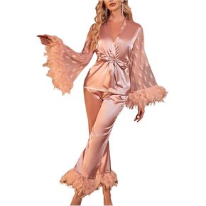 OYOANGLE Women's 2 Piece Pajama Set Satin Contrast Mesh Feather Trim Long Sleeve Belted Top and Pants Lounge Sets