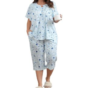 Heat Move Plus Size Pajamas Sets for Women 2 Piece Soft Sleepwear Short Sleeve Top and Capri Pant Pjs Loungewear with Pockets