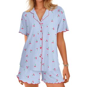 Ekouaer Button Up Pajamas Set for Women Short Sleeve Ribbed Knit Sleepwear 2 Piece Pjs Shorts Set
