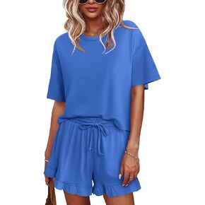 Tankaneo Womens Pajamas Set Lounge Sets Cropped Short Sleeve T Shirts Drawstring Ruffle Shorts Soft Sleepwear