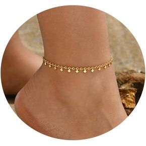 18K Gold Plated Ankle Bracelets for Women Dainty Star Coin Teardrop Square Tassel Anklets Cute Dangle Foot Chain Stainless Steel Beach Foot Jewelry