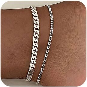 Gold Ankle Bracelets for Women, 14k Silver/Gold Anklets for Women Waterproof Layered Figaro Cuban Link Cuban Anklet Set Silver Ankle Bracelets for Women Summer Beach Jewelry Gifts