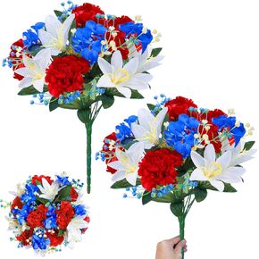 22 Heads Cemetery Flowers for Grave, 2 Bunches 16 Inch Artificial Fake Flowers Patriotic Memorial Bouquets, 4th of July Red White Blue Carnations Lily Hydrangea Flowers for Outdoor Indoor Home Decor