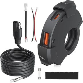 Motorcycle USB Clamp, Water Resistant, Fast-Charging, Type A, Type C, PD(30W)+QC3.0(18W), SAE DC 12V, KDR-M3D