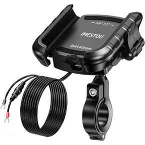 Imestou Aluminium Motorcycle Phone Phone Mount Charger مع منفذ الشحن السريع USB C متوافق مع 5.4 "-7.2" سمك يصل إلى 15 ملم ، ويتناسب مع مقود مقاود من 12 مم إلى 32 مم ، مع دراجات نارية 12-24 فولت