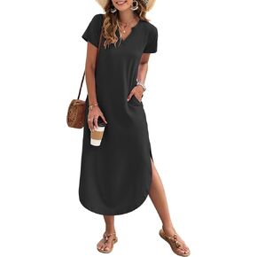 فستان Misfay للسيدات الصيف غير الرسمي Maxi 2025 قصيرة الأكمام الخامسة V الرقبة Sundress انقسام Long Beach قميص ملابس الزي إجازة الزي