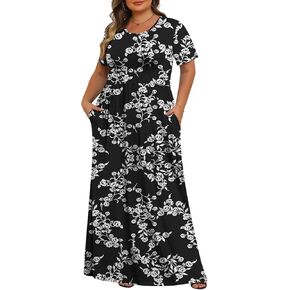 Tencede Womens Plus Size Maxi Dresses Summer 2025 Casual Short Sleeve with Pockets Long Dress XL-5XL