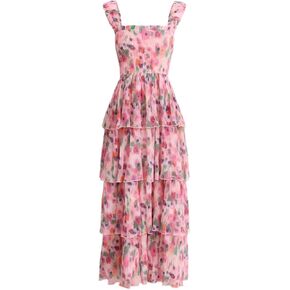 Women's Bohemian Summer Floral Printed Ruffle Pleated Halter Dress Beach Vacation Cute Pink Dresses