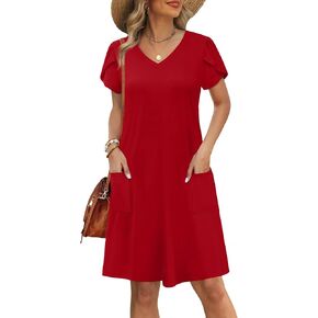 OFEEFAN Womens Summer Dresses 2025 Tulip Petal Short Sleeve V Neck Loose Swing Sundresses with Pockets Plain/Print