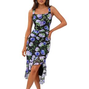MEROKEETY Women's Summer Floral Bodycon Dress Square Neck Sleeveless Ruffle Hem Cocktail Mesh Midi Dress