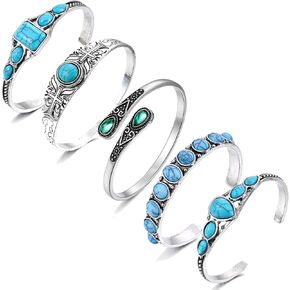 BROCC 5pcs Turquoise Cuff Bracelets Set for Women Bohemian Adjustable Cuff Bangle Vintage Stackable South Western Cowgirl Cuff Bracelets Jewelry set