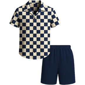 Weecreeture Boys Summer 2 Piece Outfits – Short Sleeve Button Down Shirt & Shorts Set Casual Beach, Vacation, Spring, Travel