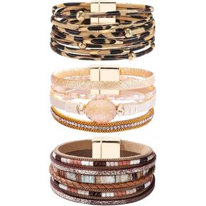 3 Pcs Western Country Jewelry for Women Turquoise Bracelet for Women Boho Leather Layered Bracelet Jewelry for Women Silver Cuff Bangle