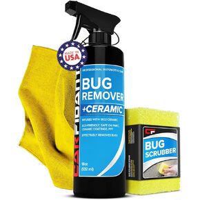 Bug and Tar Remover for Cars Exterior with Ceramic - Easily and Safely Clean Bug Splatter, Bird Poop from Paint, Plastic, Metal, Glass - Pre Wash for Car Detailing - 18 fl. Oz. with Scrubber Sponge